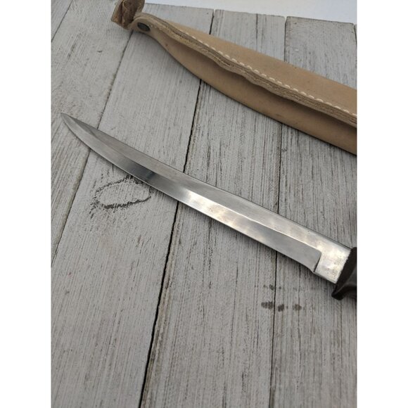 Stainless Utility Knife 7" Blade Brown Handle 11 1/2" Long Leather Sheath - Picture 3 of 8